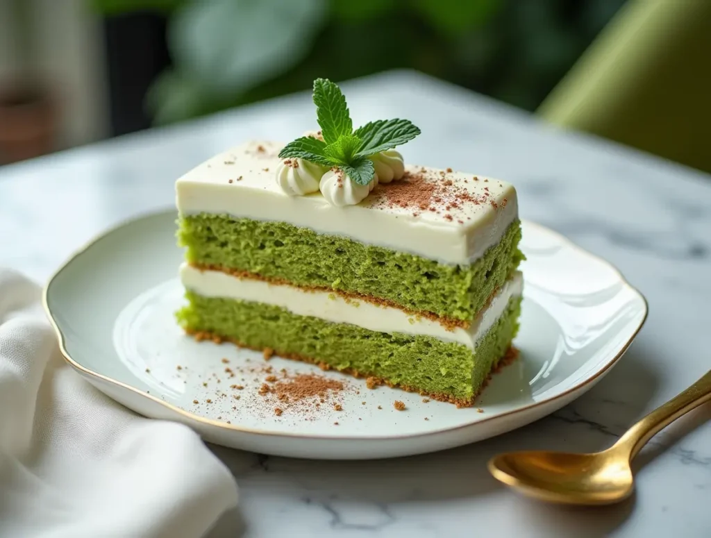 Matcha tiramisu served on black ceramic with mint garnish