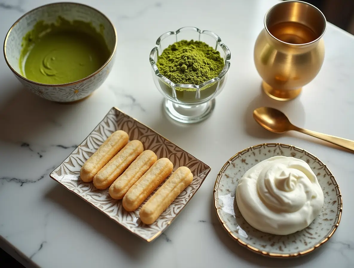 Elegant Matcha Tiramisu Ingredients Display on Marble Table Ingredients for matcha tiramisu laid out on wooden table