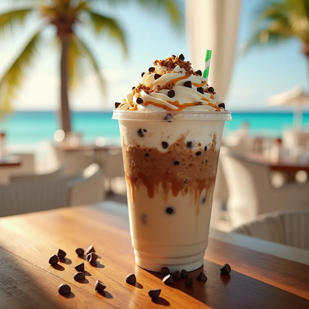 Swirling java chip frappuccino with melted chocolate chips in blender