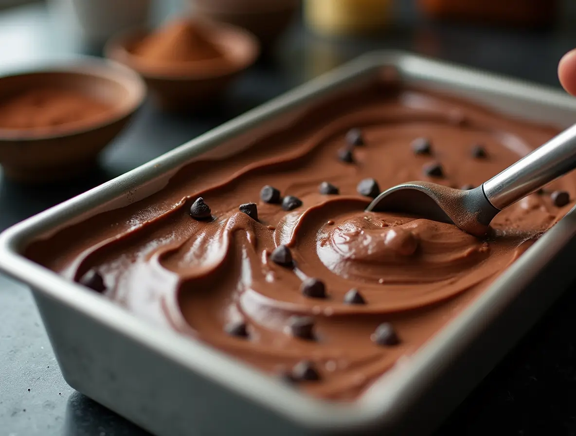 no-churn-chocolate-ice-cream-recipe homemade no-churn chocolate ice cream in pan