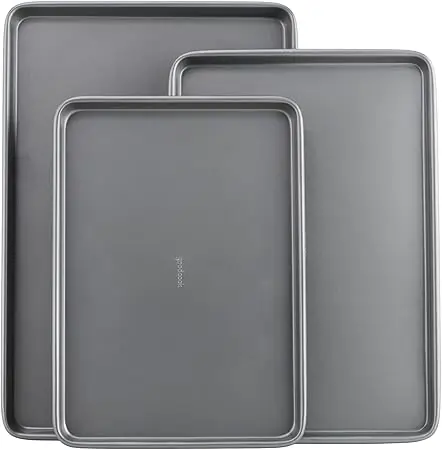 Three-piece nonstick baking sheet set in gray finish