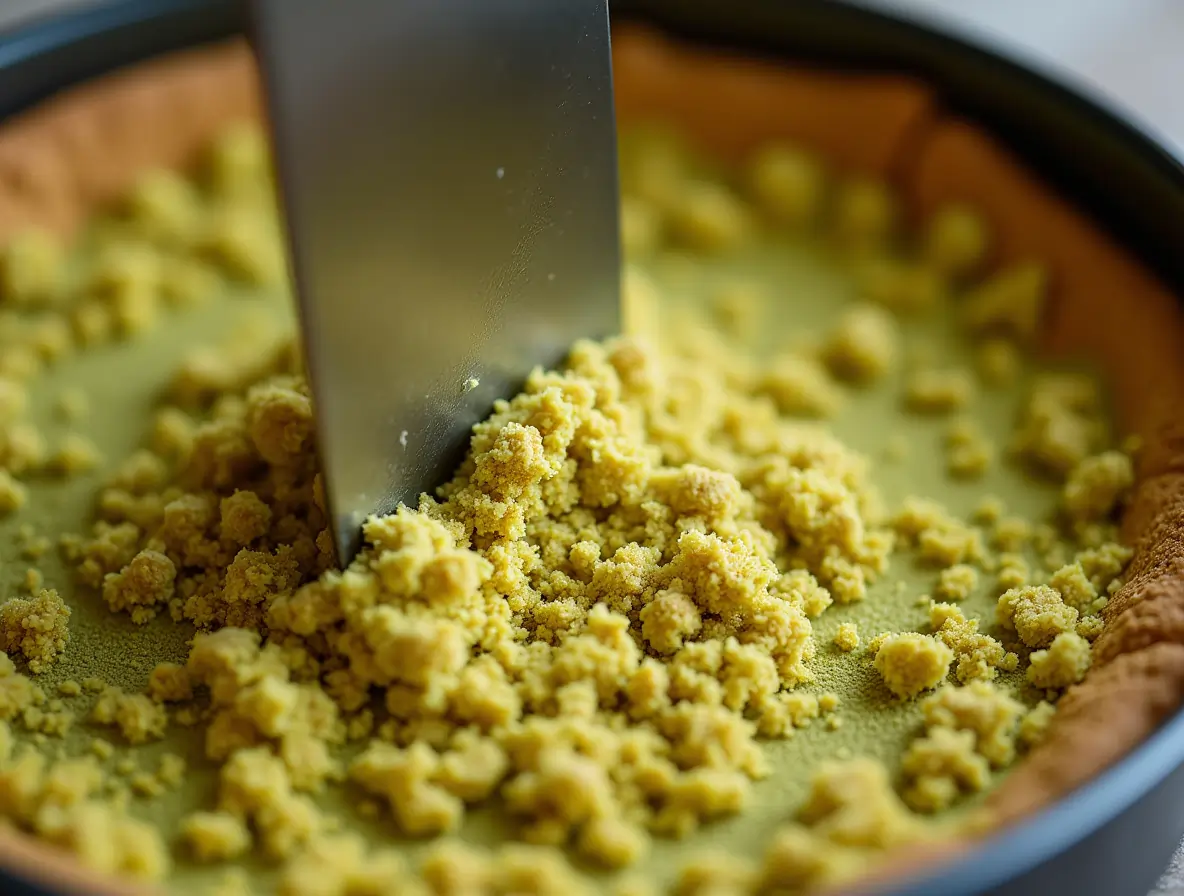 pistachio-cheesecake-crust-pressed Graham pistachio crust pressed into cheesecake pan