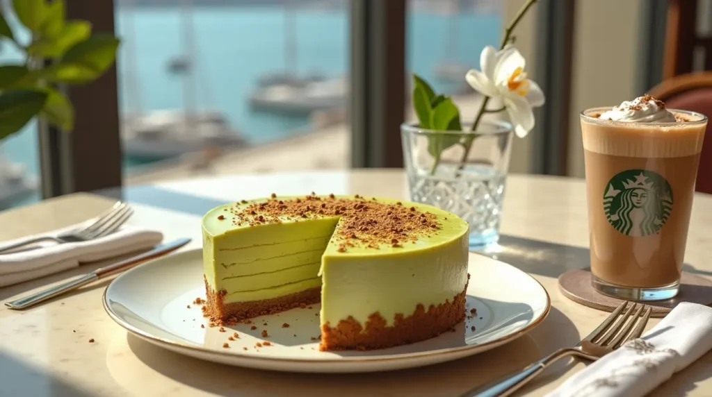 Close-up of Pistachio Coffee Cheesecake topped with crushed pistachios and served with a shot of espresso