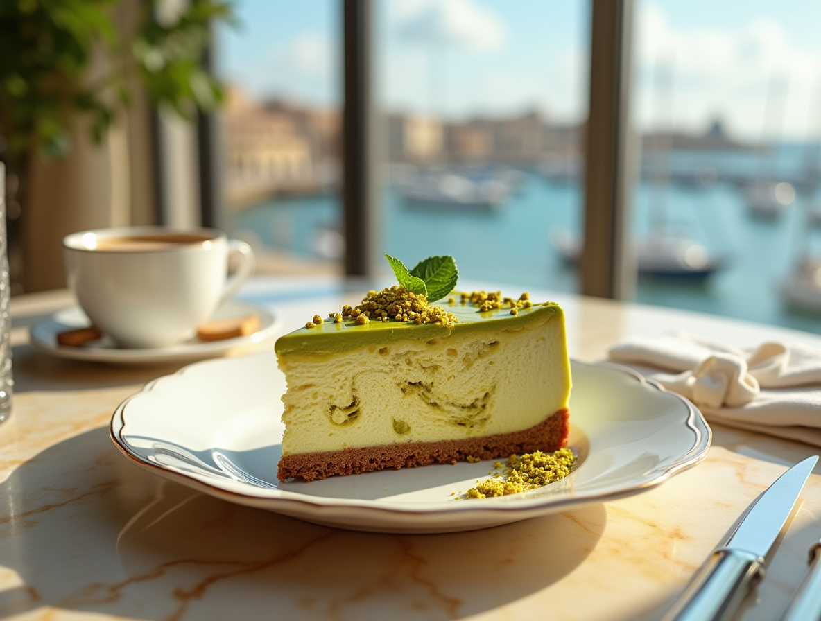 pistachio-coffee-cheesecake-plated Plated pistachio coffee cheesecake with baklava crumble