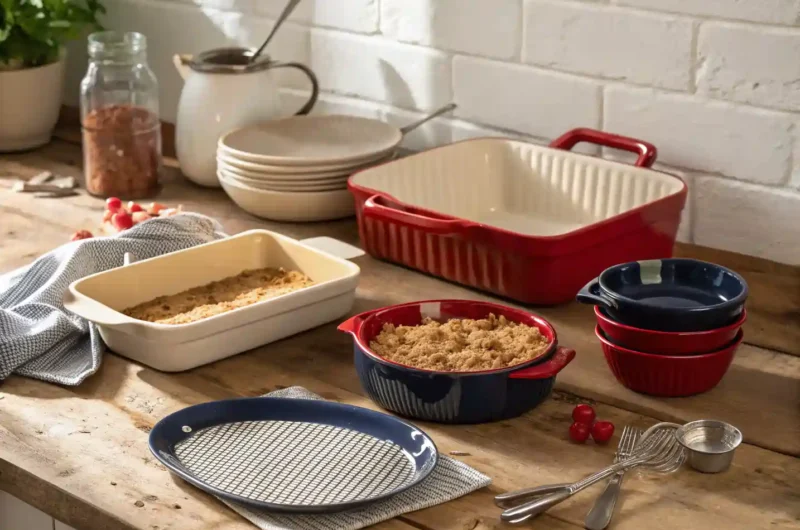 rhubarb-crumble-essential-bakeware-tools Ceramic baking dishes and kitchen tools for rhubarb crumble preparation