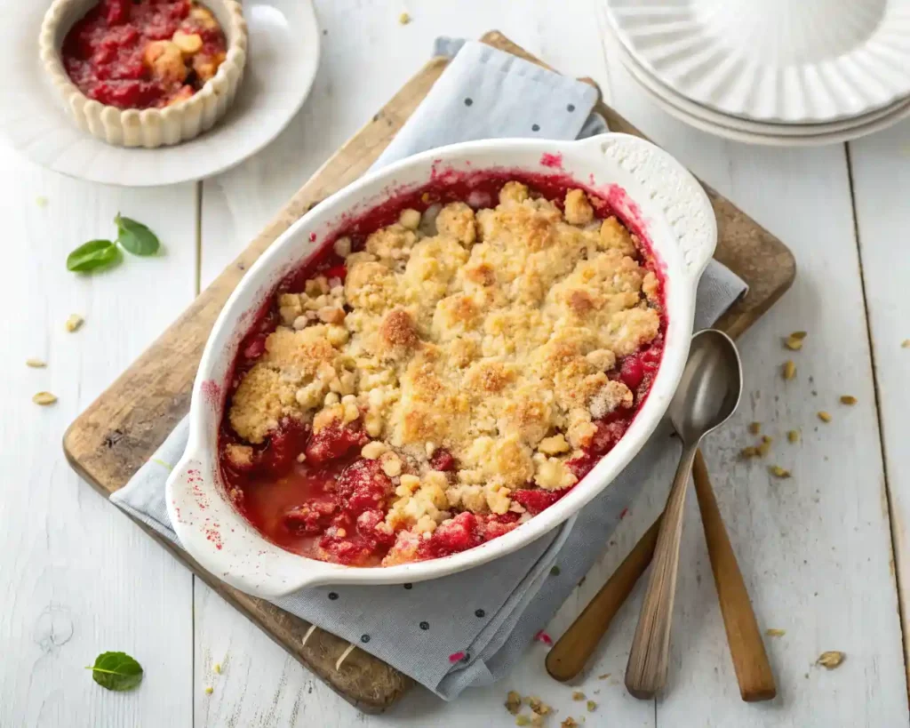 Freshly baked rhubarb crumble with golden topping in a white ceramic dish