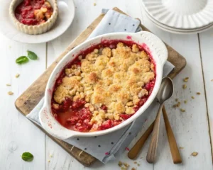 Freshly baked rhubarb crumble with golden topping in a white ceramic dish