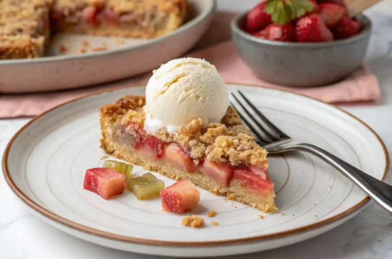 rhubarb-crumble-serving-ice-cream Rhubarb crumble with vanilla ice cream on a plate