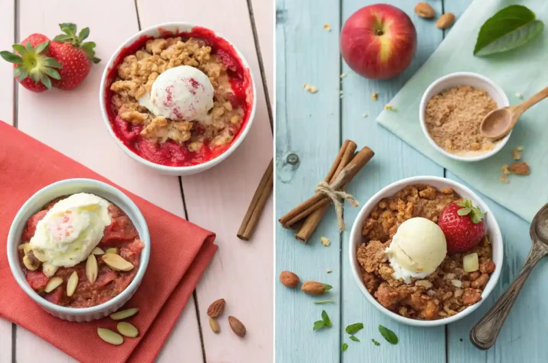 rhubarb-crumble-variation-trio Three variations of rhubarb crumble including strawberry, keto, and apple