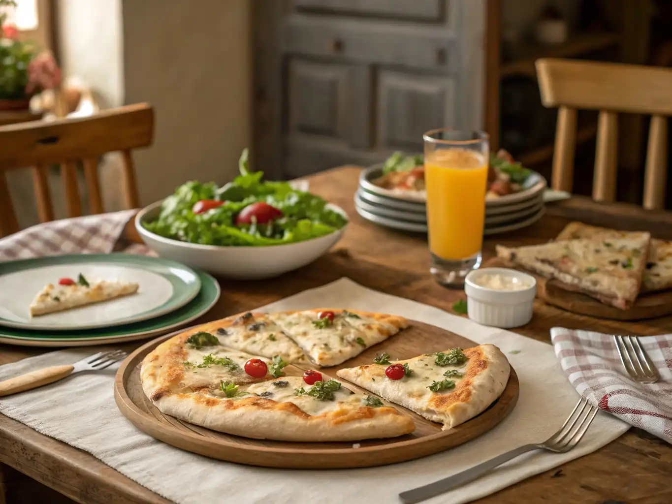 serving-white-clam-pizza-with-salad Serving white clam pizza with salad and wine