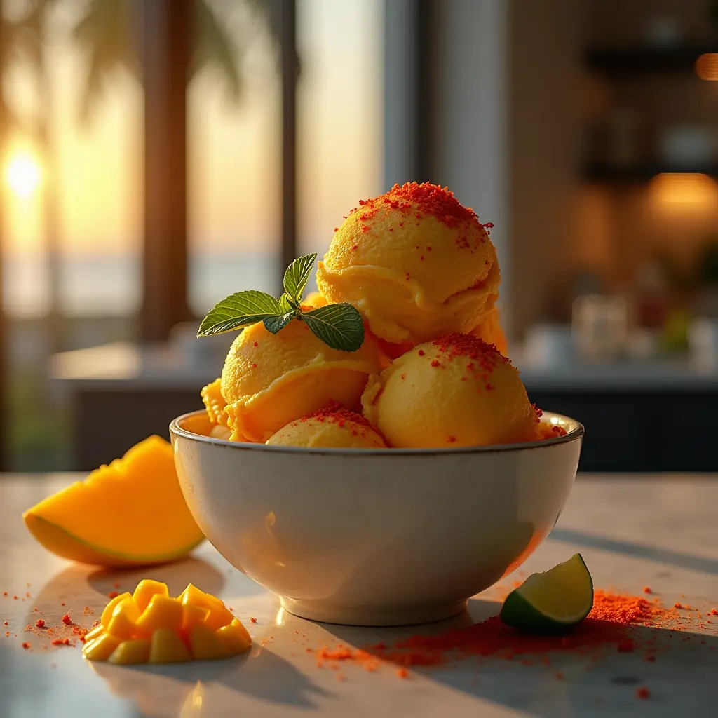 spicy-mango-chili-ice-cream Spicy mango chili ice cream topped with chili and lime