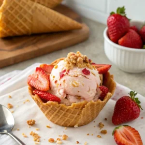 Homemade strawberry shortcake ice cream in a waffle bowl with fresh strawberries