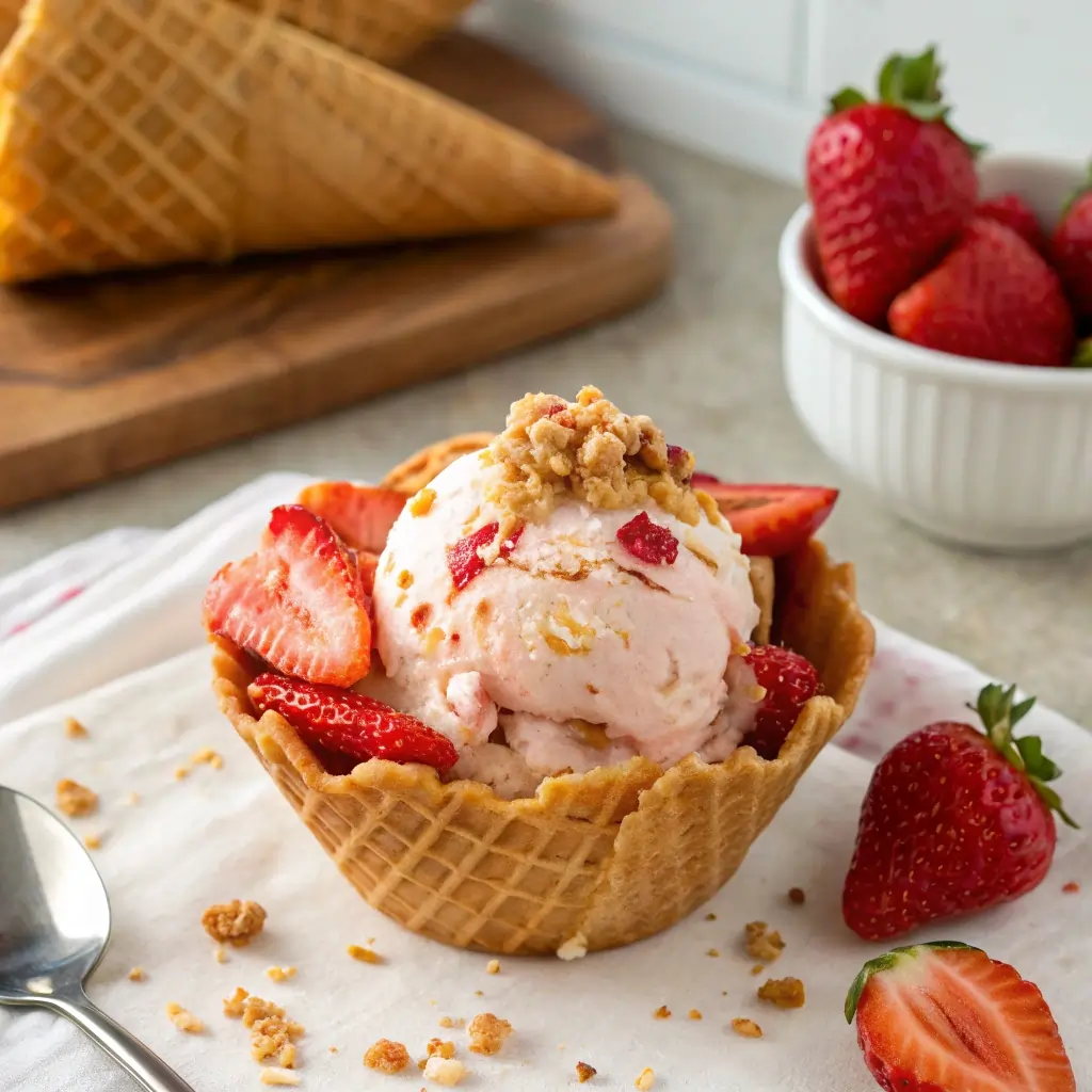 Homemade strawberry shortcake ice cream in a waffle bowl with fresh strawberries