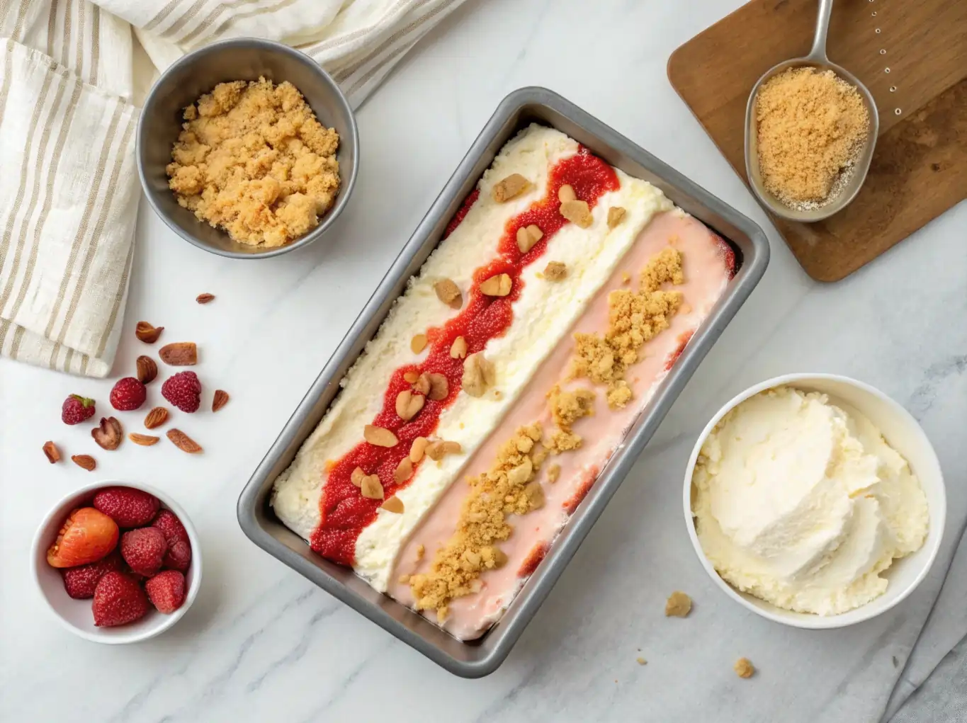 strawberry-shortcake-ice-cream-recipe Layering strawberry shortcake ice cream in a pan