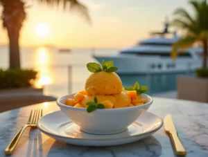 Mango ice cream with mint and diced fruit served on a marble table at sunrise with ocean and yacht view in Miami