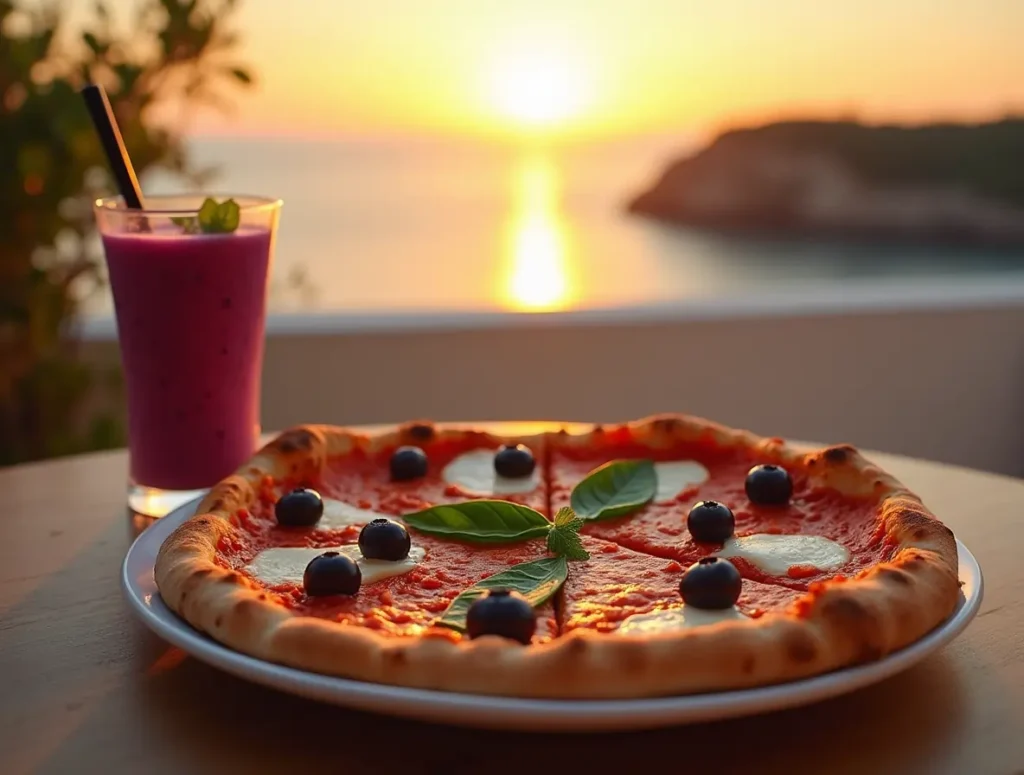 Blueberry-topped pizza with basil and mozzarella served with a purple smoothie on a table overlooking the ocean at sunset