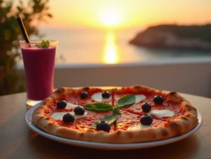 Blueberry-topped pizza with basil and mozzarella served with a purple smoothie on a table overlooking the ocean at sunset
