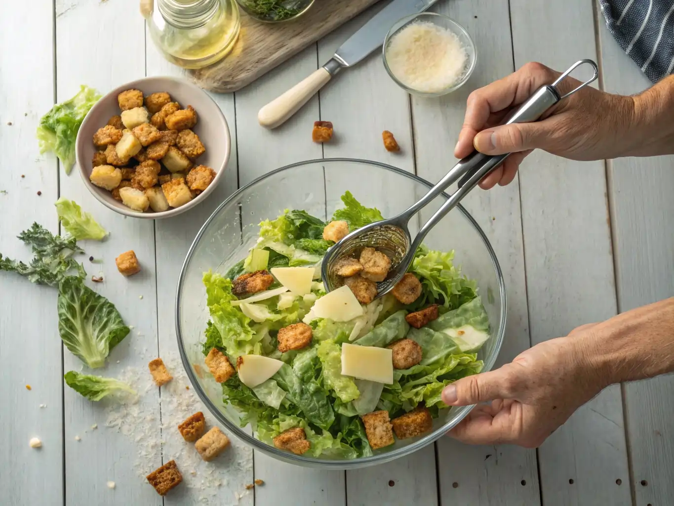 Tossing homemade cesar salad recipe with croutons
