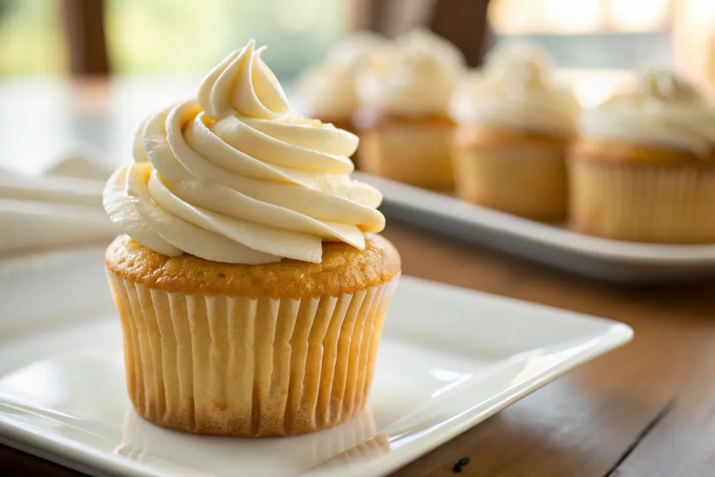 Close-up of a vanilla cupcake topped with creamy homemade cream cheese frosting, placed on a white plate with soft natural light — ideal for baking and frosting tutorials