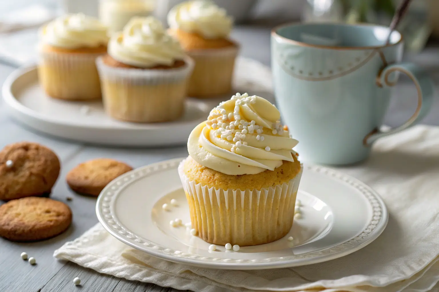 vanilla-cupcake-cream-cheese-frosting-with-sprinkles-and-tea Vanilla cupcake topped with cream cheese frosting and white pearl sprinkles, placed on a white plate with a light blue teacup and cookies in the background — cozy dessert scene for a homemade frosting recipe