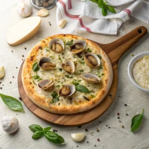 Top view of finished white clam pizza recipe