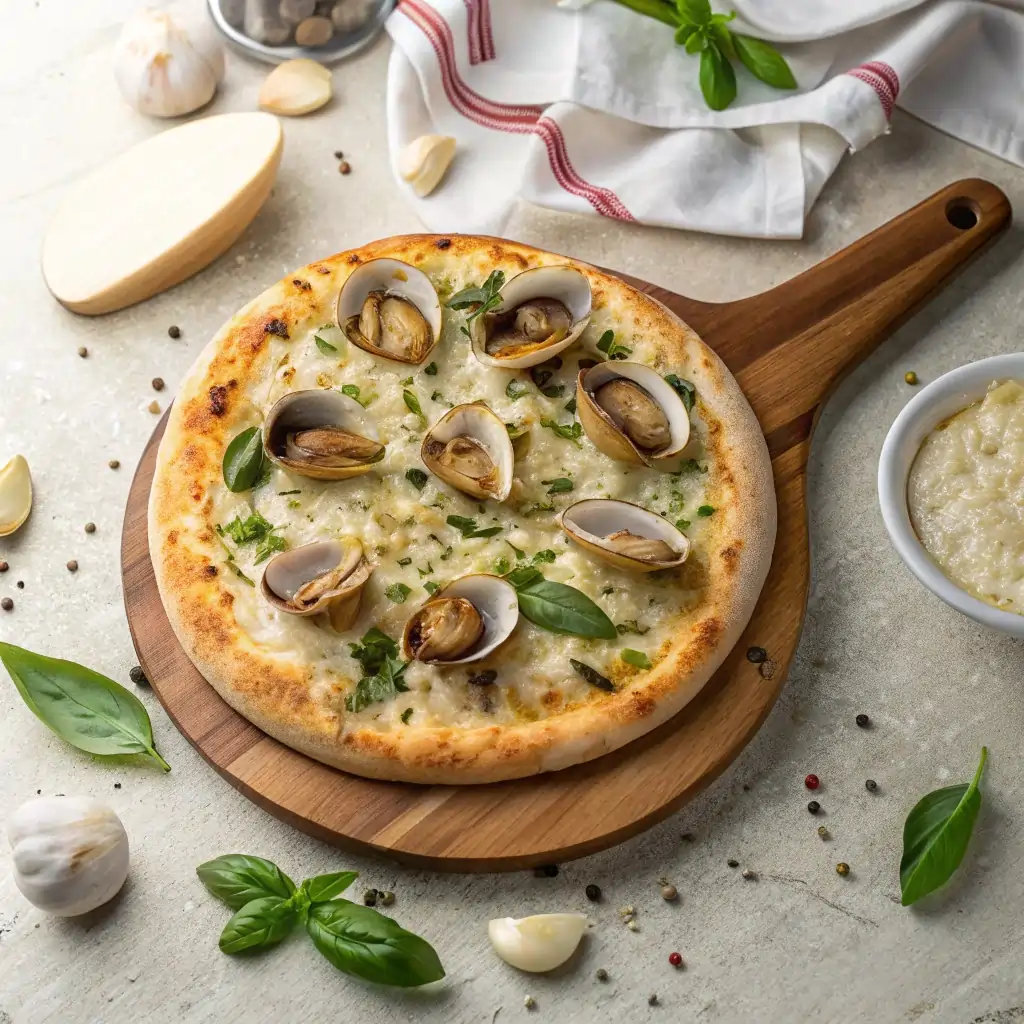 Top view of finished white clam pizza recipe