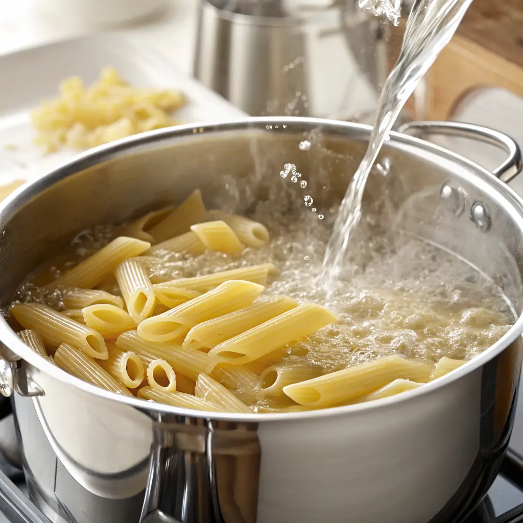 Boiling penne pasta in a stainless steel pot on stovetop with water pouring in