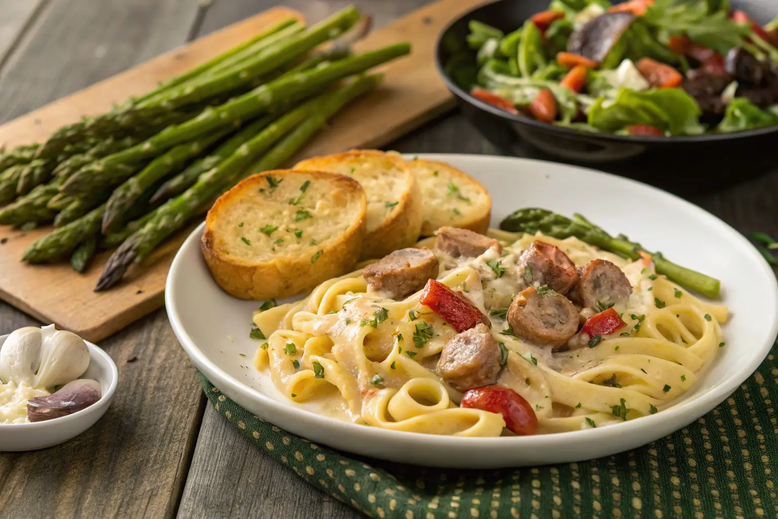 cajun-pasta-serving-ideas creamy Cajun sausage pasta served with salad and garlic bread