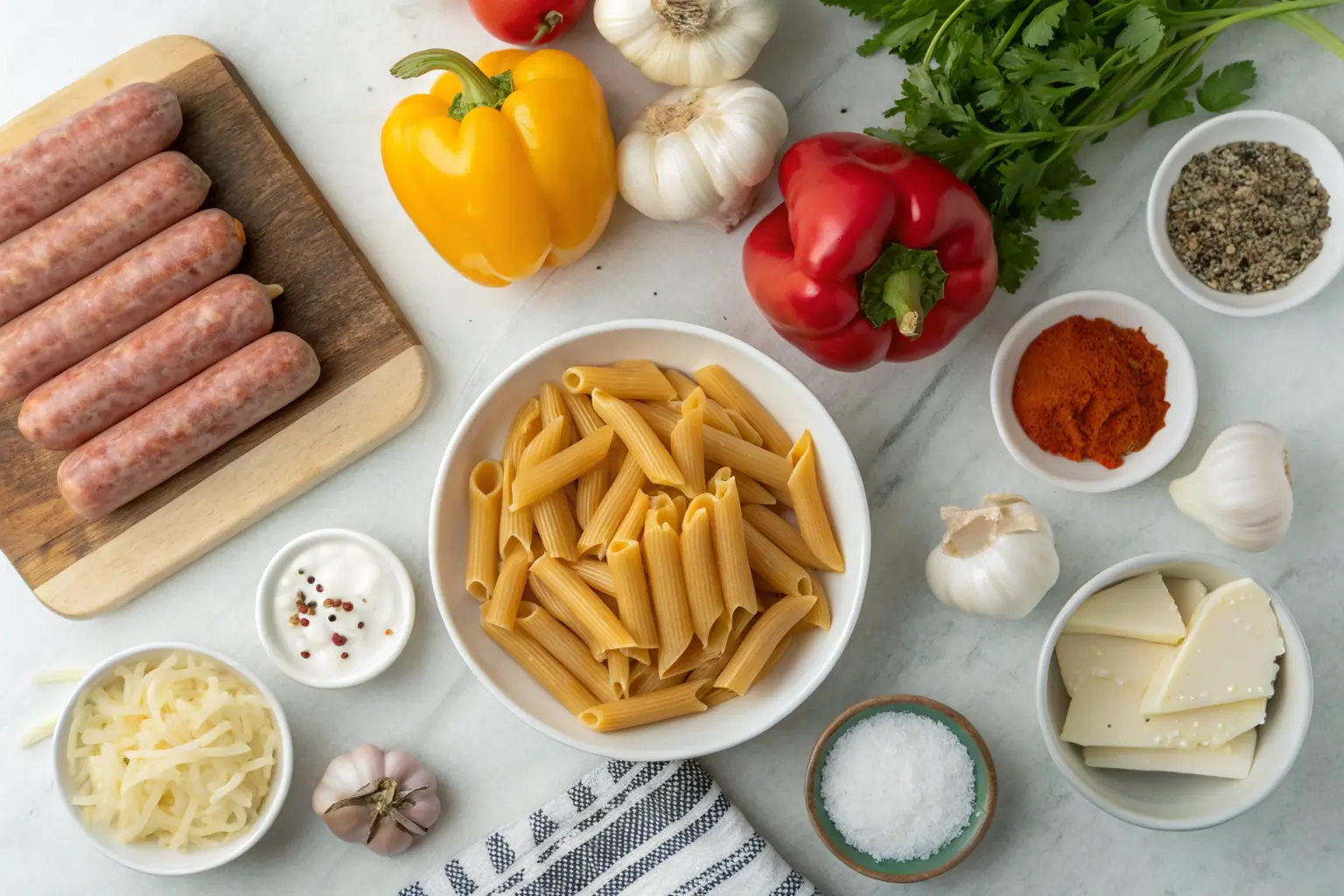cajun-sausage-pasta-ingredients ingredients for creamy Cajun sausage pasta flat lay