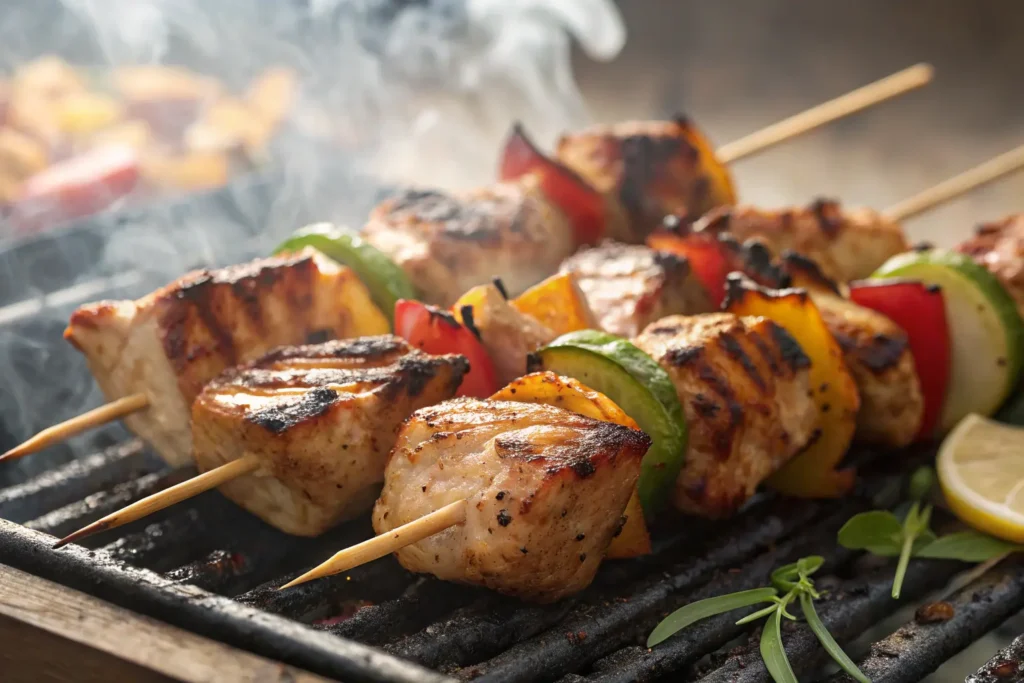 grilled chicken kebabs on barbecue skewers