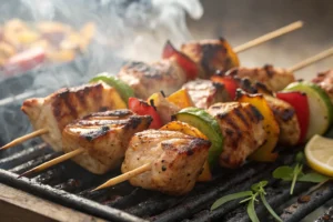 grilled chicken kebabs on barbecue skewers