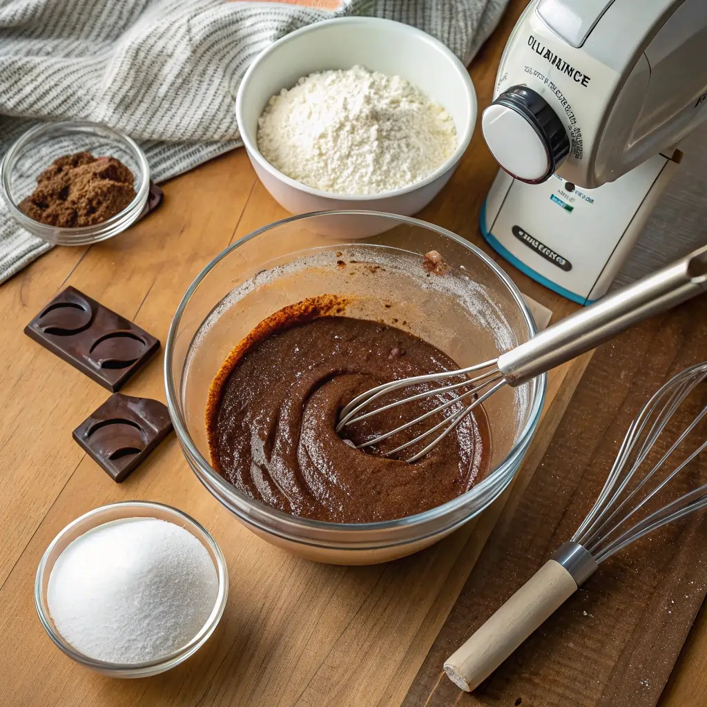Mixing chocolate crepe batter with whisk surrounded by baking ingredients on wooden counter