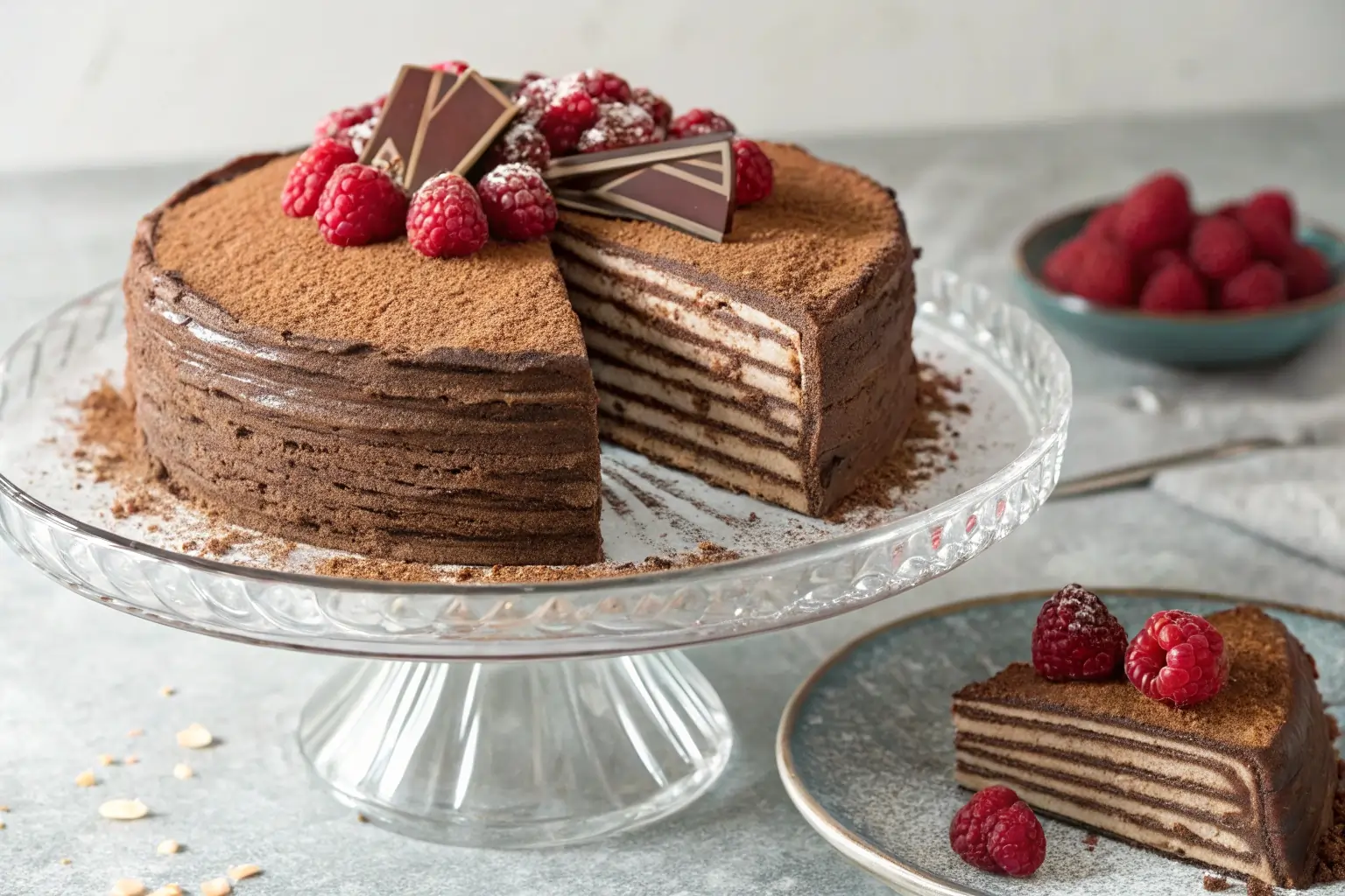 Chocolate crepe cake with mousse layers and raspberry garnish