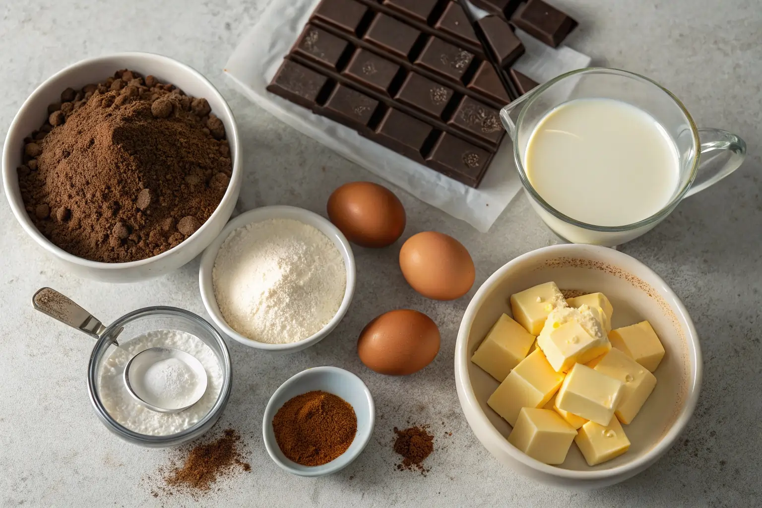 Chocolate crepe ingredients laid out on kitchen counter