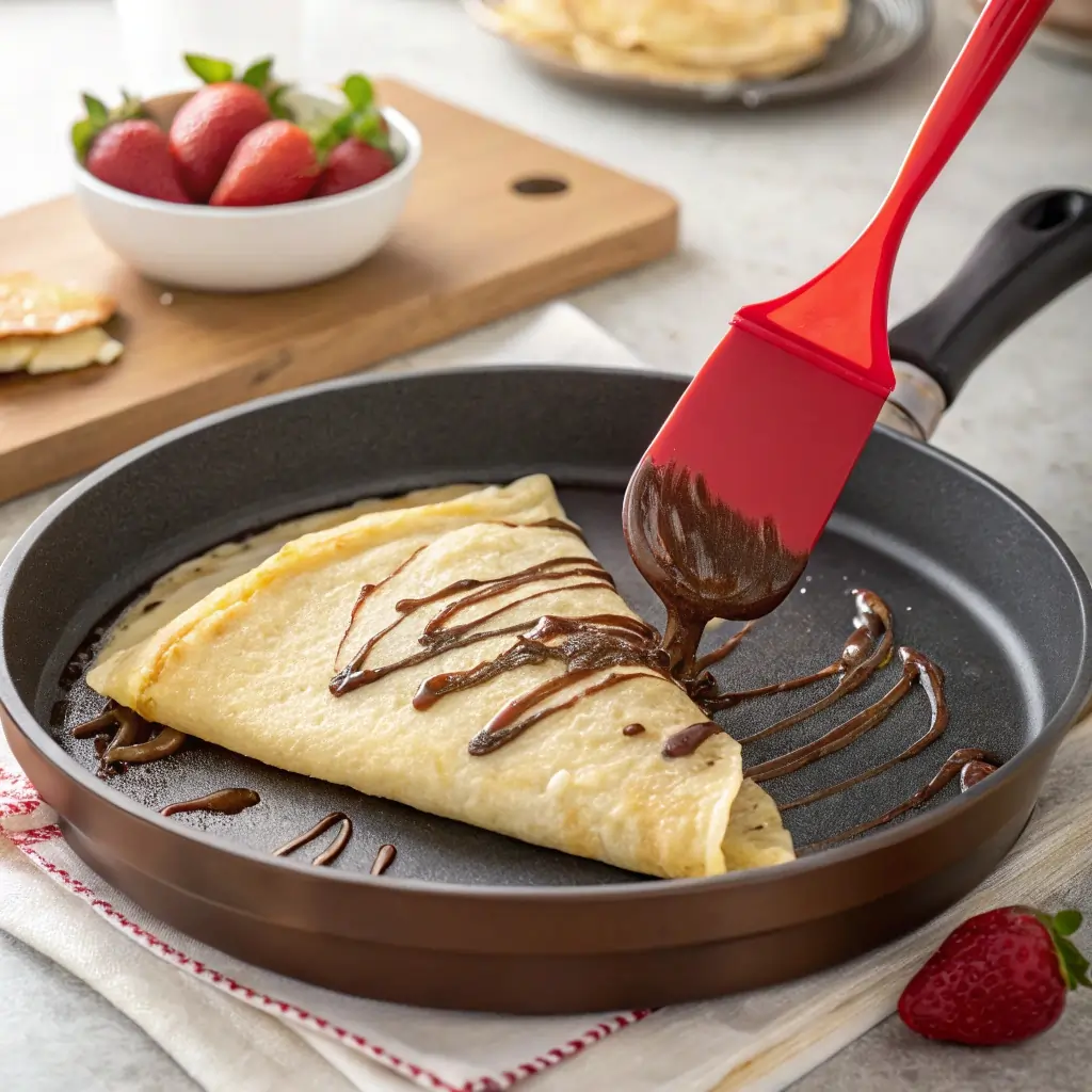 Drizzling chocolate sauce over folded crepe in non-stick pan with red spatula