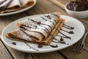 Chocolate crepes with powdered sugar and chocolate drizzle on a plate