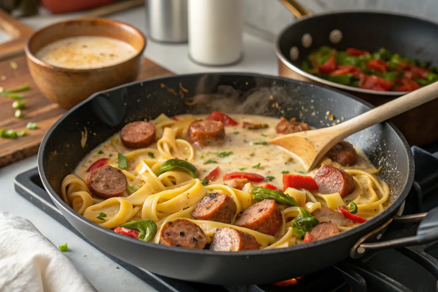 creamy-cajun-pasta-cooking-process cooking creamy Cajun sausage pasta in skillet