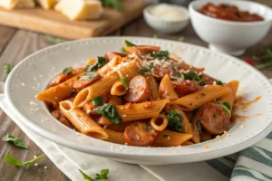 creamy Cajun sausage pasta in bowl with sausage and creamy sauce