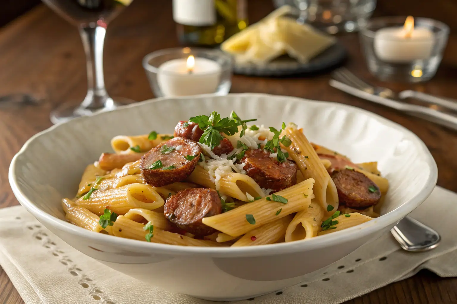 creamy-cajun-sausage-pasta-restaurant-style gourmet creamy Cajun sausage pasta served in elegant restaurant