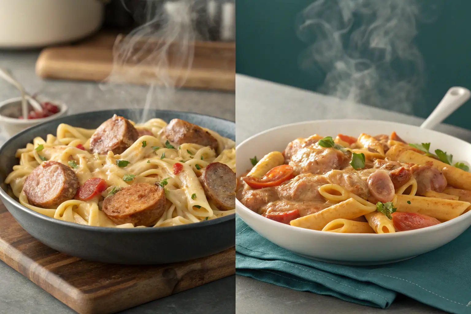 creamy-cajun-sausage-pasta-two-versions-split-image Split image of two creamy Cajun sausage pasta dishes with linguine and penne served hot with steam