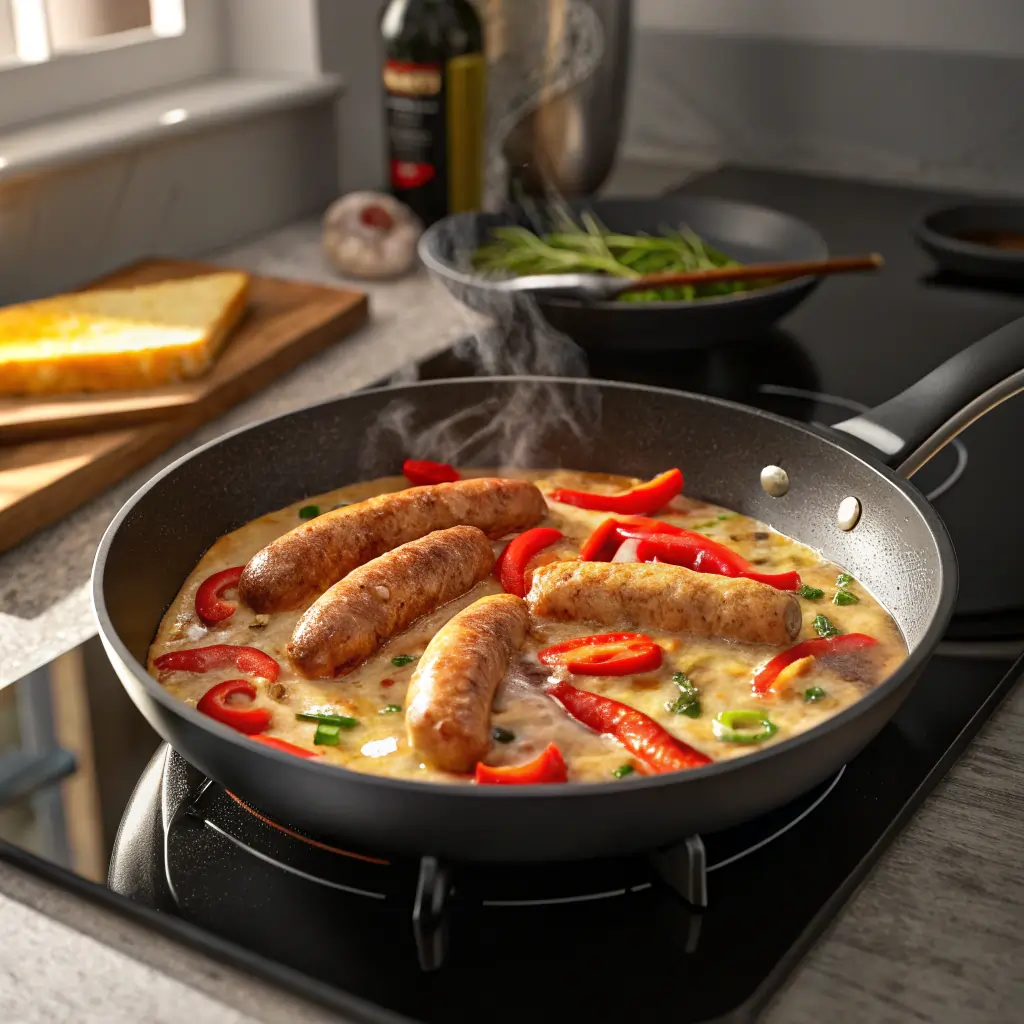 Creamy Cajun sausage skillet with red bell peppers and herbs in a non-stick frying pan on stovetop