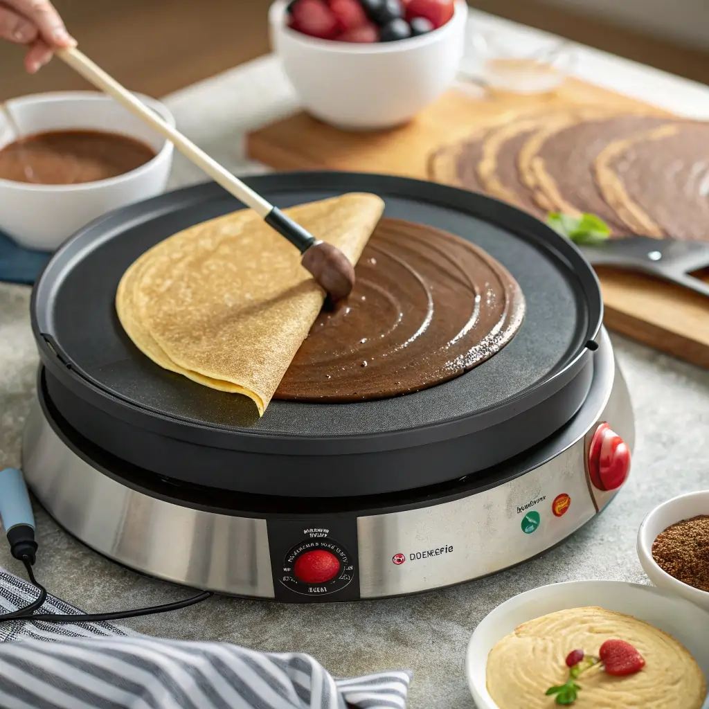 Spreading chocolate crepe batter on an electric crepe maker with T-spreader