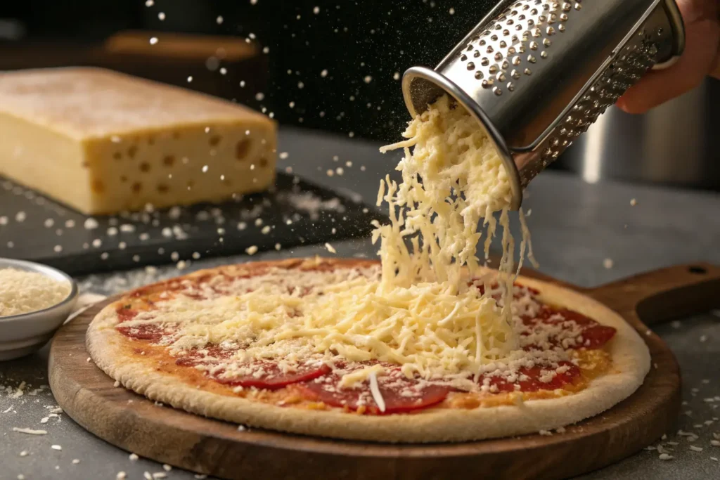 Grated cheese falling from a rotary grater onto a pepperoni pizza before baking