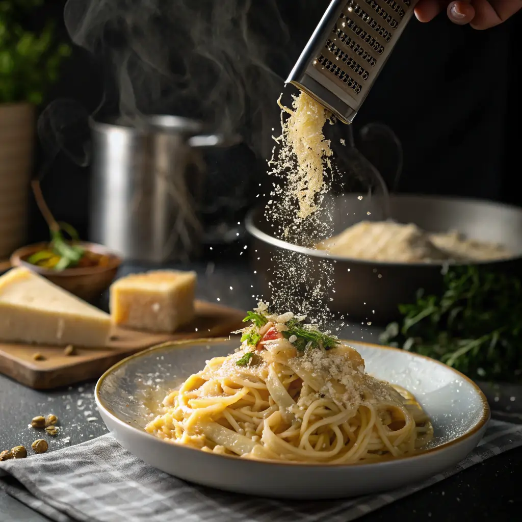 Grating Parmesan cheese over steaming creamy pasta in a white bowl with herbs