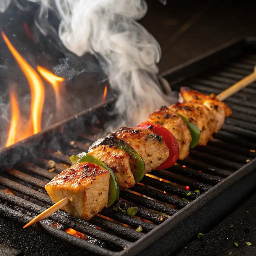 grilled chicken kebabs on barbecue grill close-up