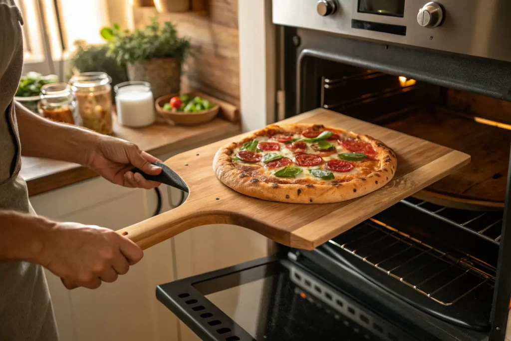 Freshly baked homemade pizza being slid into an oven with a wooden pizza peel
