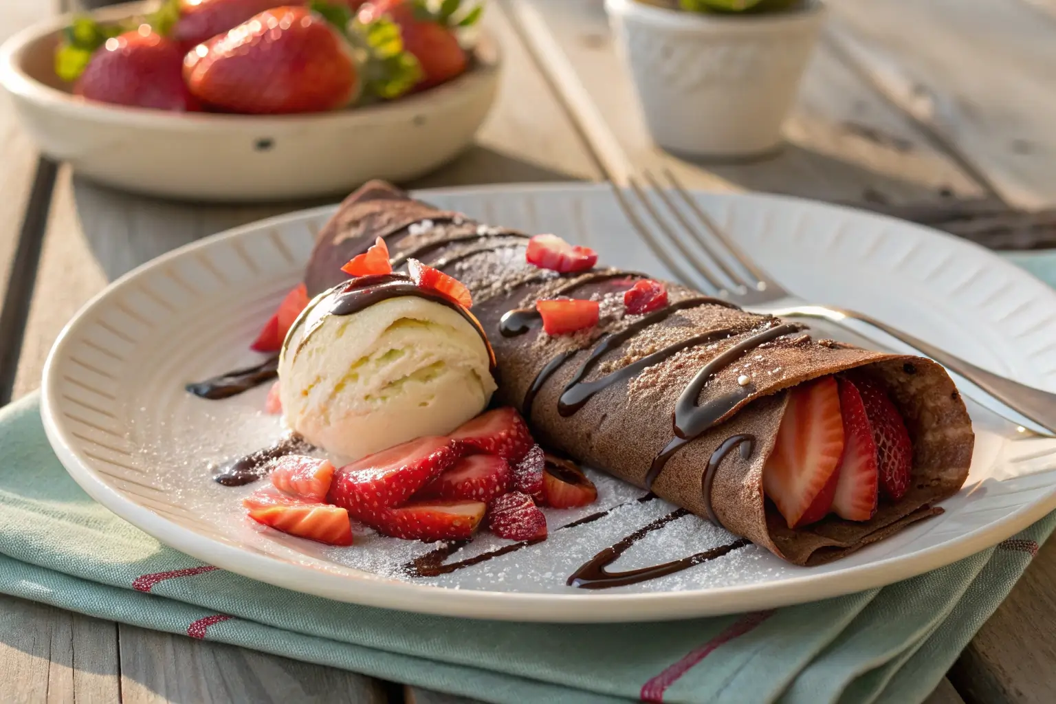 Ice cream filled chocolate crepe with strawberries and syrup