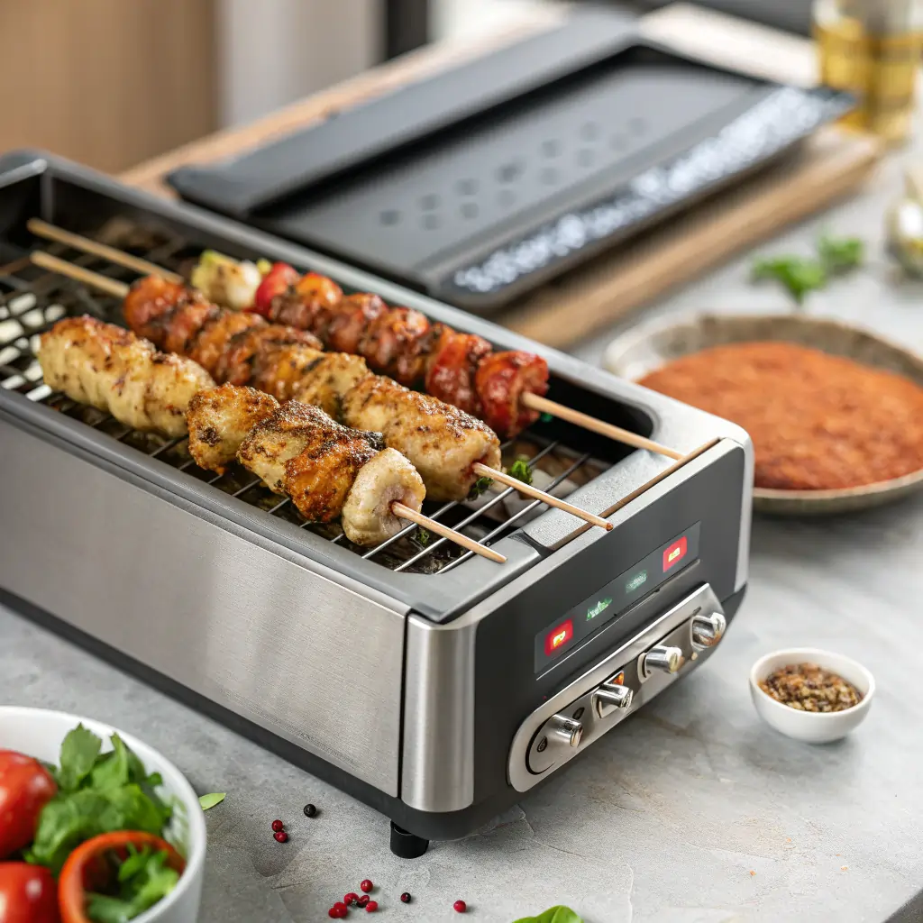 chicken kebabs cooking in electric indoor kebab grill
