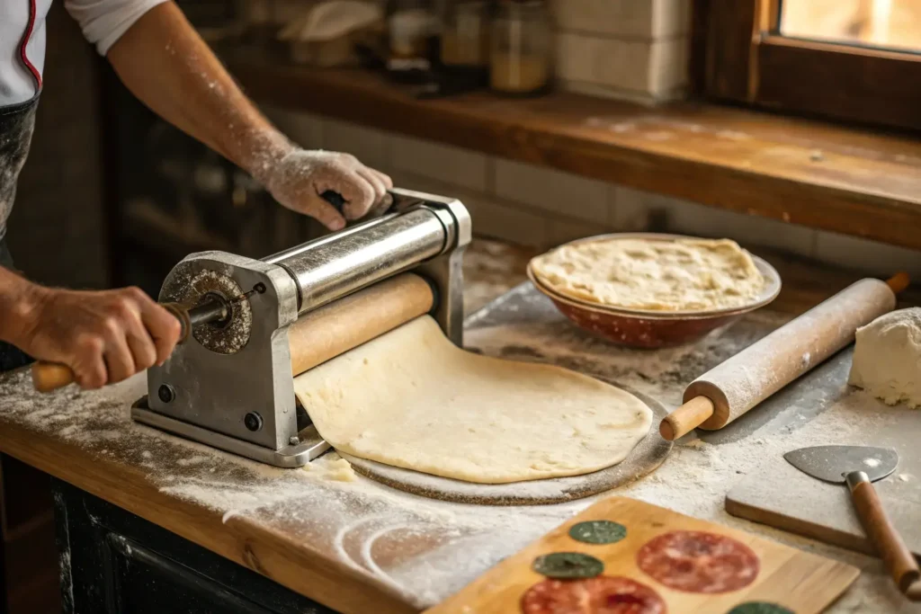 Chef using a manual dough roller to flatten pizza dough in a rustic kitchen setting