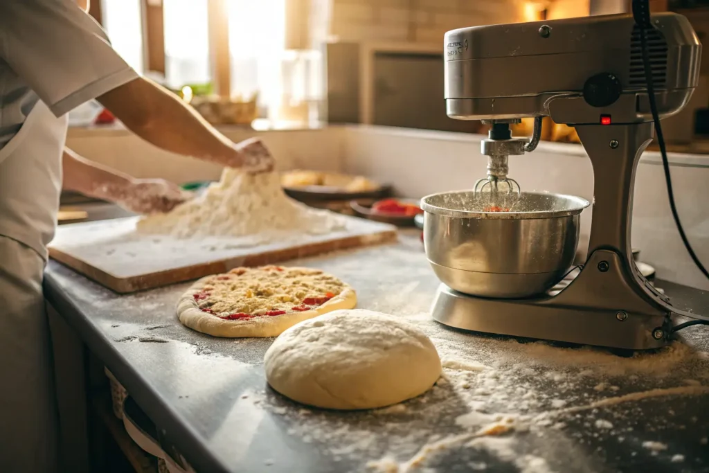 Homemade pizza dough being prepared in a sunlit kitchen with stand mixer and flour-covered countertop